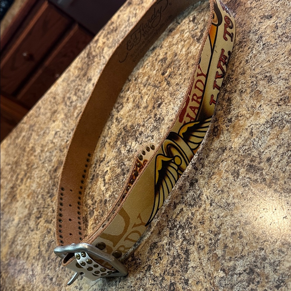 Ed Hardy By Christian Audigier Handmade Leather Studded Belt small 44” long